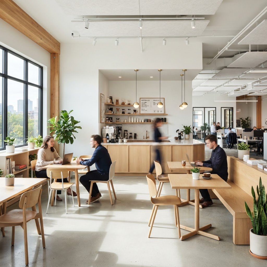 Bright shared café and collaborative seating area with people working at tables inside the Prague Product & Technology Office