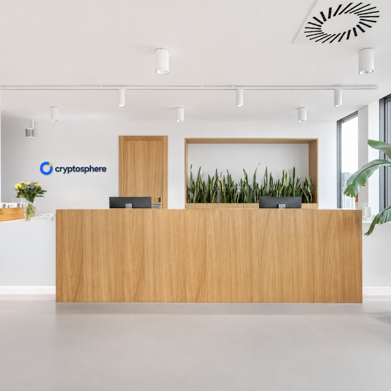 CryptoSphere reception desk in wood and white with the CryptoSphere logo on the wall at the Prague Product & Technology Office